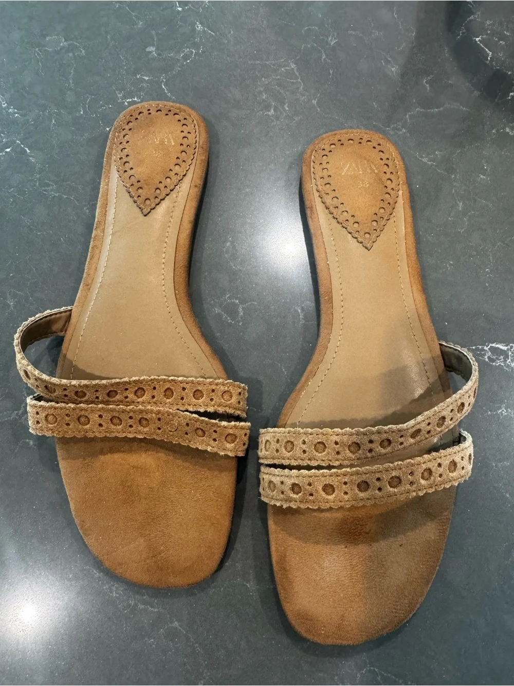 Suede Double-Strap Slide Sandals in Tan - Picture 3 of 4
